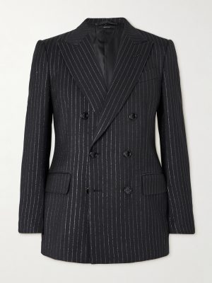 Dyllan Double-Breasted Striped Metallic Wool and Silk-Blend Suit Jacket Dyllan Double-Breasted Striped Metallic Wool and Silk-Blend Suit Jacket