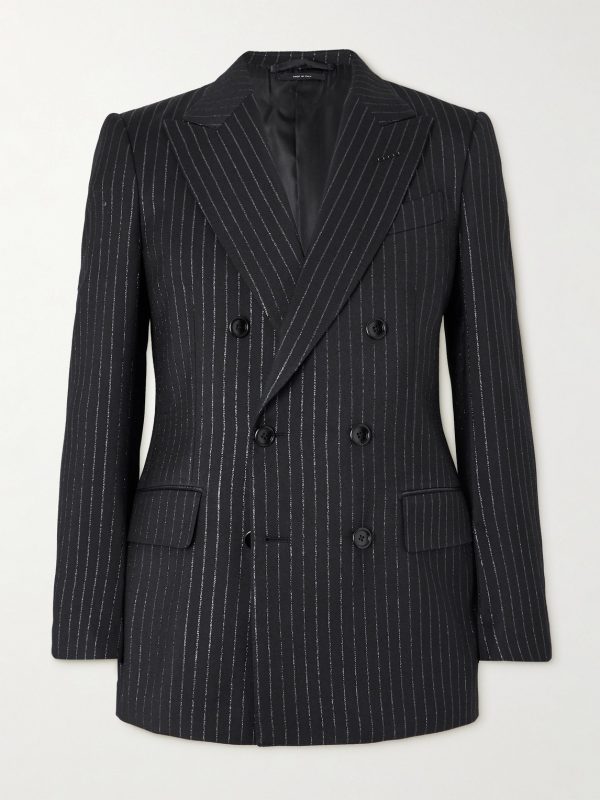 Dyllan Double-Breasted Striped Metallic Wool and Silk-Blend Suit Jacket