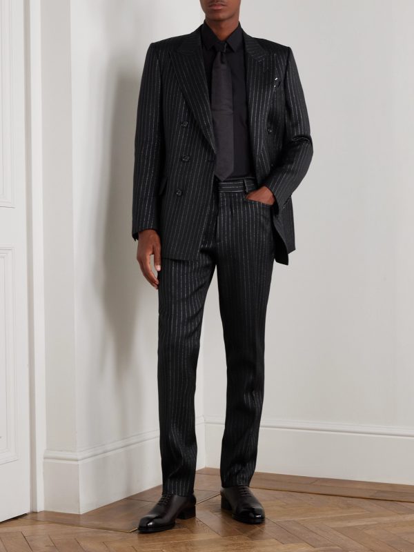 Dyllan Double-Breasted Striped Metallic Wool and Silk-Blend Suit Jacket - OU
