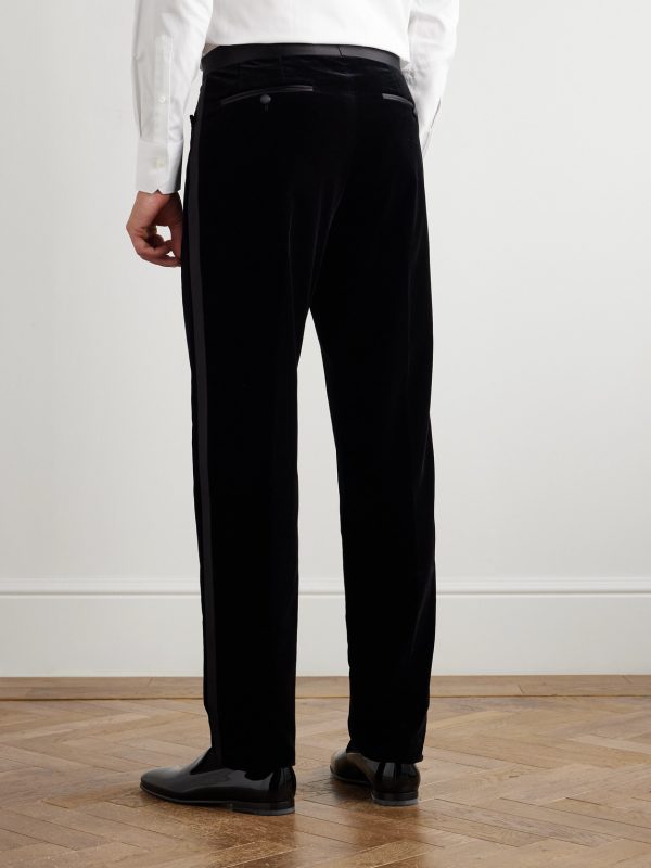 Atticus Straight-Leg Satin-Trimmed Cotton-Velvet Tuxedo Trousers - BK