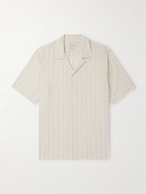 Convertible-Collar Striped Cotton and Linen-Blend Shirt