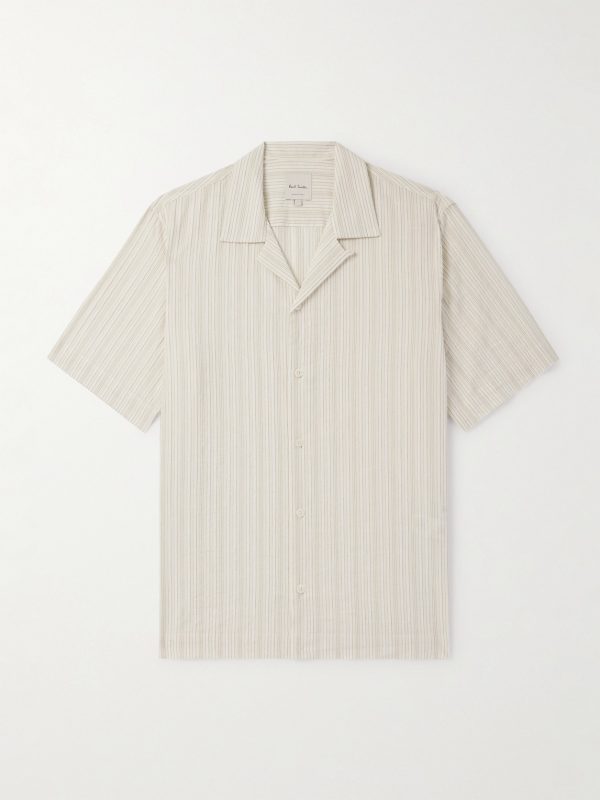 Convertible-Collar Striped Cotton and Linen-Blend Shirt
