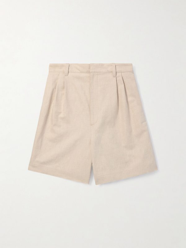Straight-Leg Pleated Linen and Cotton-Blend Twill Shorts