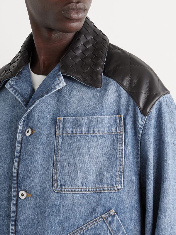 Intrecciato Leather-Panelled Denim Jacket - E2 Intrecciato Leather-Panelled Denim Jacket - E2