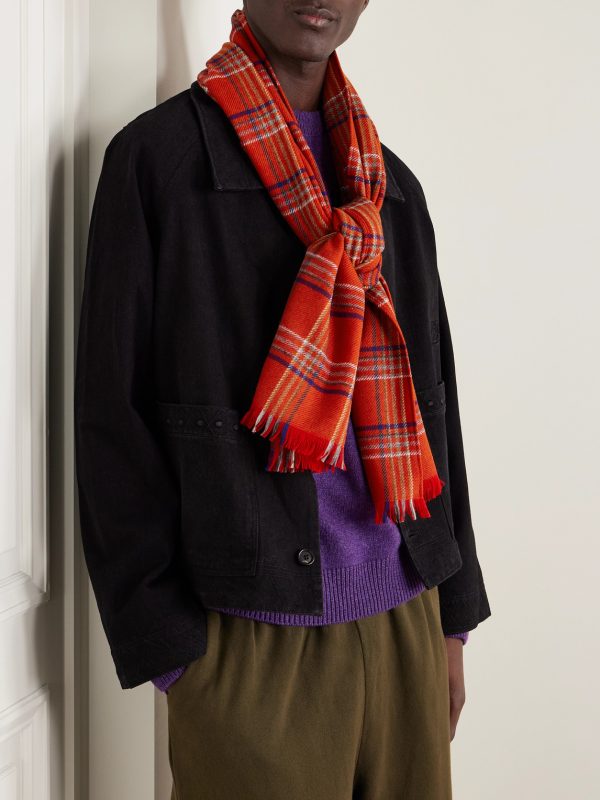 Gable Checked Fringed Wool Scarf - BK
