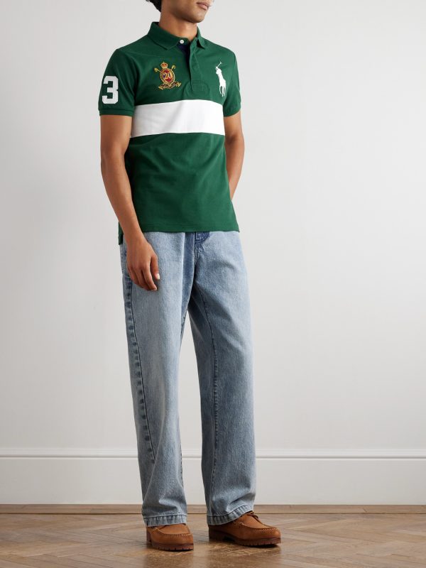 Logo-Embroidered Appliquéd Striped Cotton-Piqué Polo Shirt - OU Logo-Embroidered Appliquéd Striped Cotton-Piqué Polo Shirt - OU