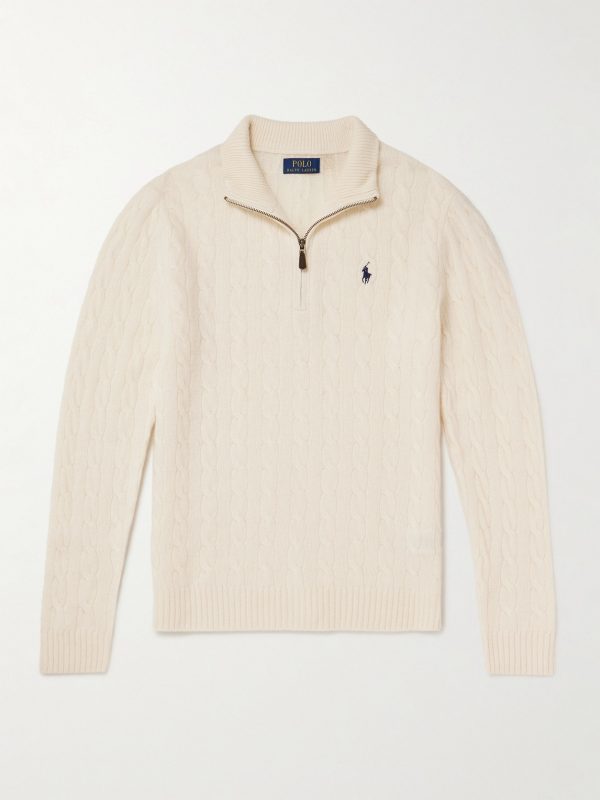 Logo-Embroidered Cable-Knit Wool and Cashmere-Blend Half-Zip Sweater Logo-Embroidered Cable-Knit Wool and Cashmere-Blend Half-Zip Sweater