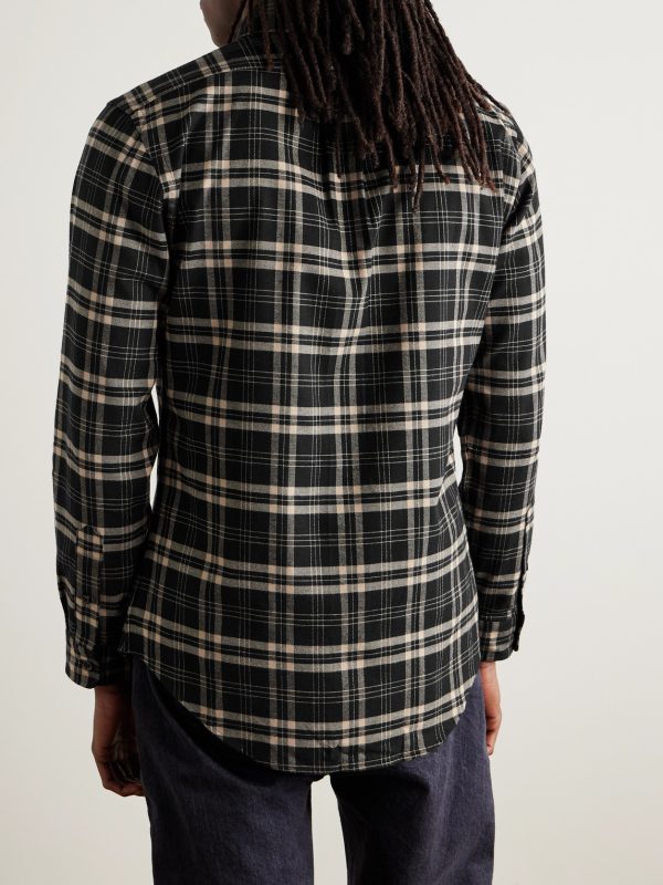 Button-Down Collar Checked Cotton-Blend Flannel Shirt - BK