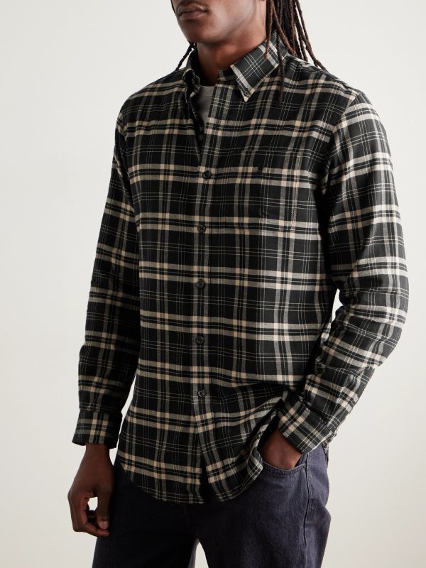Button-Down Collar Checked Cotton-Blend Flannel Shirt - FR