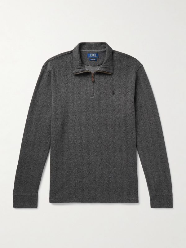 Logo-Embroidered Herringbone Cotton Half-Zip Sweatshirt