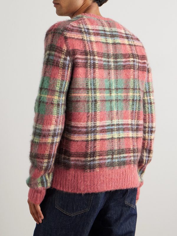 Logo-Embroidered Checked Brushed-Knit Sweater - BK Logo-Embroidered Checked Brushed-Knit Sweater - BK