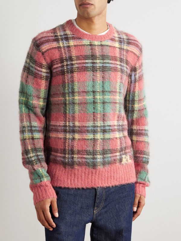 Logo-Embroidered Checked Brushed-Knit Sweater - FR Logo-Embroidered Checked Brushed-Knit Sweater - FR