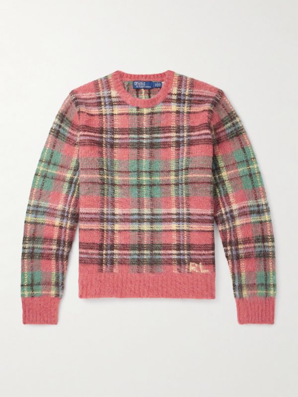 Logo-Embroidered Checked Brushed-Knit Sweater Logo-Embroidered Checked Brushed-Knit Sweater