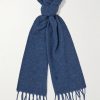 Logo-Embroidered Fringed Wool-Blend Scarf