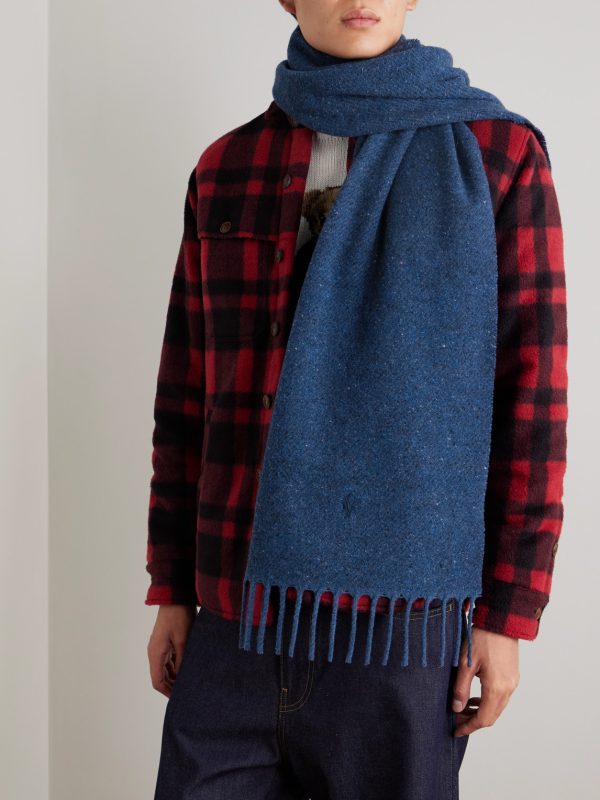 Logo-Embroidered Fringed Wool-Blend Scarf - OU