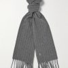 Logo-Embroidered Fringed Pinstriped Cashmere and Wool-Blend Scarf Logo-Embroidered Fringed Pinstriped Cashmere and Wool-Blend Scarf