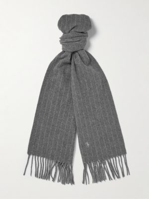 Logo-Embroidered Fringed Pinstriped Cashmere and Wool-Blend Scarf Logo-Embroidered Fringed Pinstriped Cashmere and Wool-Blend Scarf