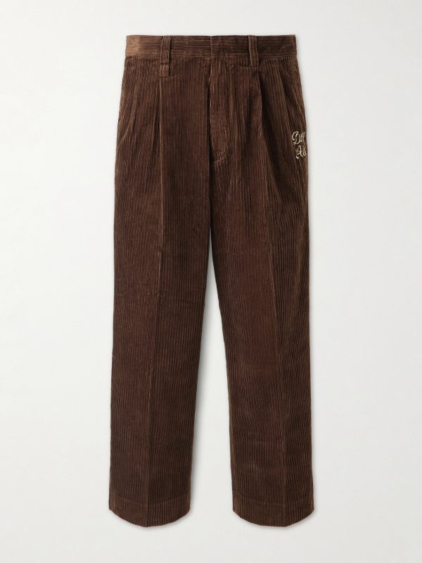 Wide-Leg Pleated Cotton-Corduroy Trousers