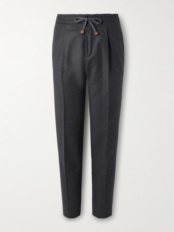 Tapered Pleated Virgin Wool-Flannel Drawstring Trousers