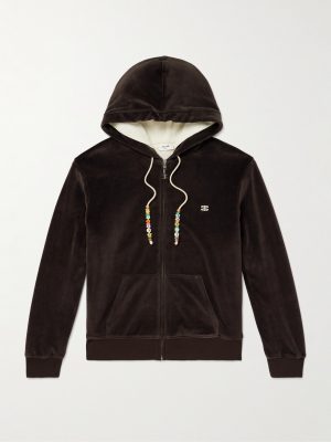 Embellished Logo-Embroidered Cotton-Blend Velour Zip-Up Hoodie