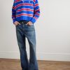 Cropped Logo-Embroidered Striped Brushed Cotton-Blend Polo Shirt - OU Cropped Logo-Embroidered Striped Brushed Cotton-Blend Polo Shirt - OU