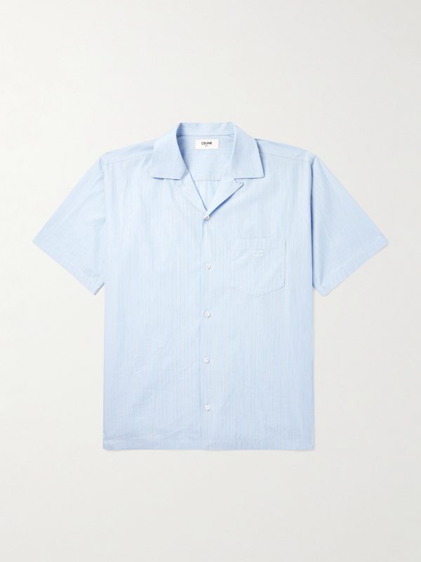 Convertible-Collar Logo-Embroidered Striped Cotton-Poplin Shirt Convertible-Collar Logo-Embroidered Striped Cotton-Poplin Shirt