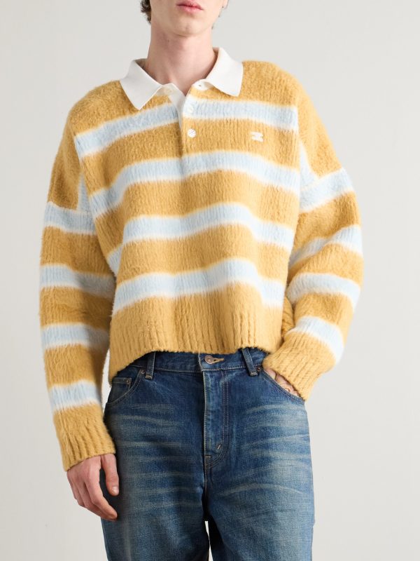 Cropped Striped Ribbed Brushed Cotton-Blend Polo Shirt - FR Cropped Striped Ribbed Brushed Cotton-Blend Polo Shirt - FR