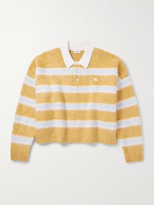 Cropped Striped Ribbed Brushed Cotton-Blend Polo Shirt Cropped Striped Ribbed Brushed Cotton-Blend Polo Shirt