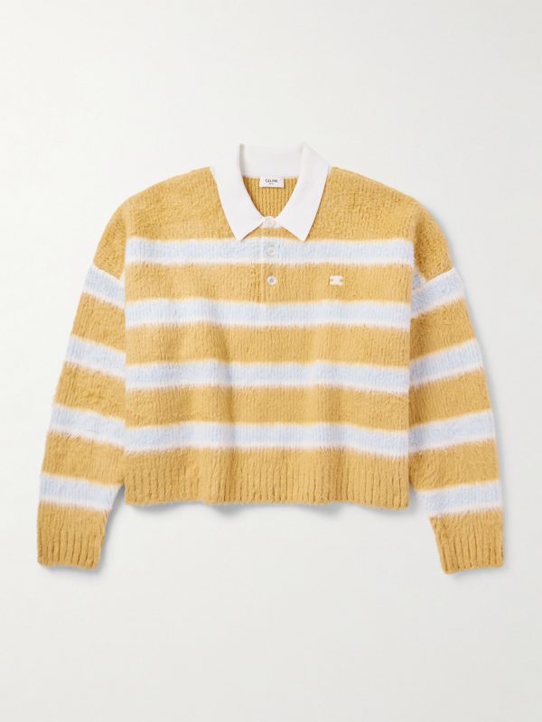Cropped Striped Ribbed Brushed Cotton-Blend Polo Shirt Cropped Striped Ribbed Brushed Cotton-Blend Polo Shirt