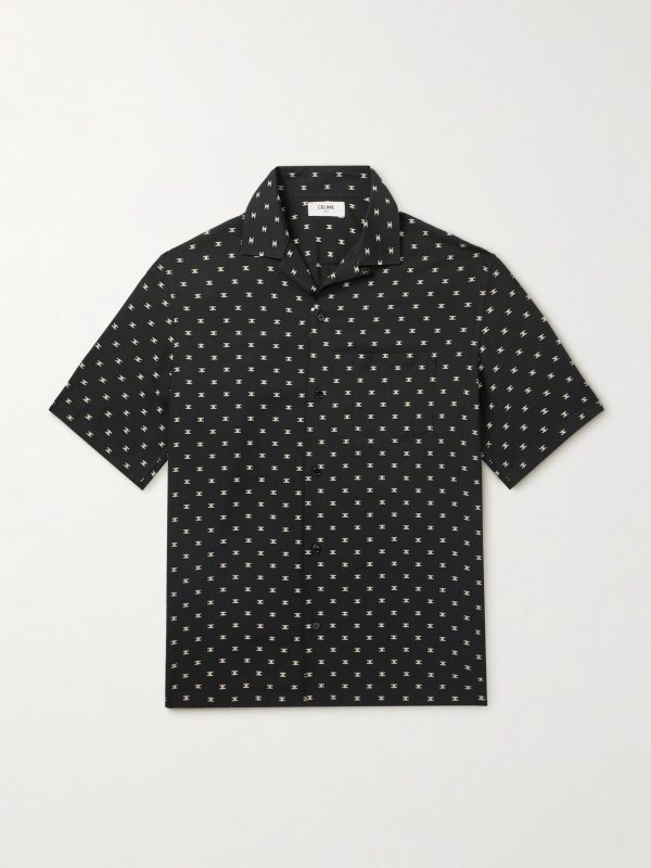 Convertible-Collar Logo-Print Silk-Satin Shirt Convertible-Collar Logo-Print Silk-Satin Shirt