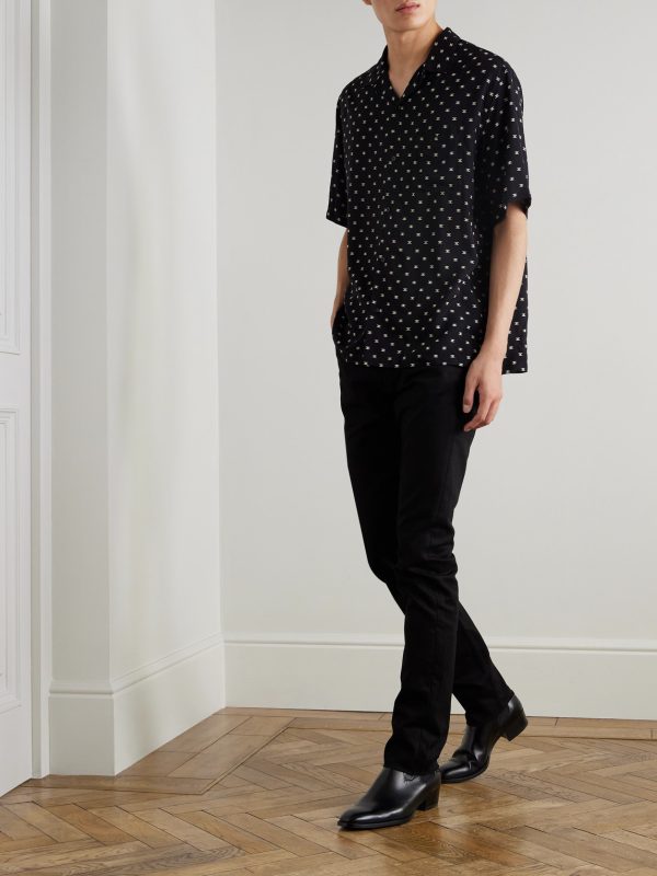Convertible-Collar Logo-Print Silk-Satin Shirt - OU Convertible-Collar Logo-Print Silk-Satin Shirt - OU