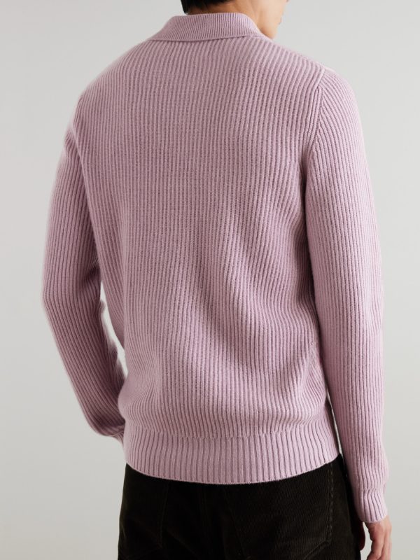 Ribbed Cashmere Polo Shirt - BK Ribbed Cashmere Polo Shirt - BK