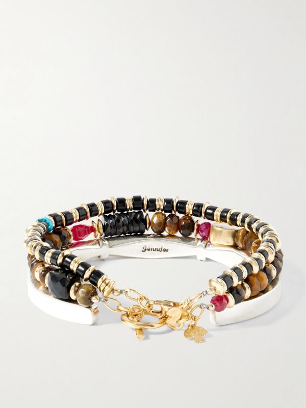 Set of Three 14-Karat Gold-Plated, Sterling Silver and Ruby Beaded Bracelets - BK