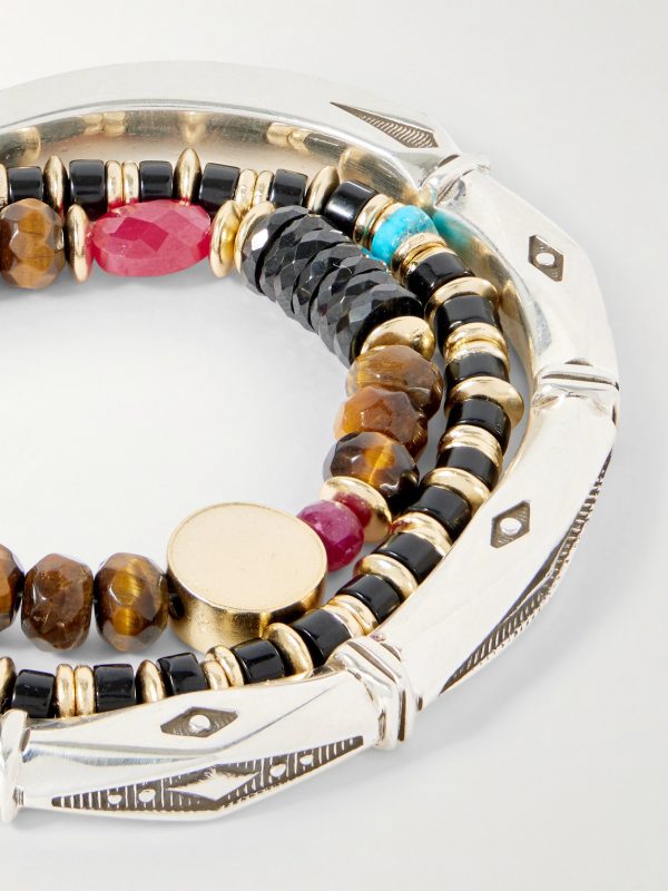 Set of Three 14-Karat Gold-Plated, Sterling Silver and Ruby Beaded Bracelets - CU