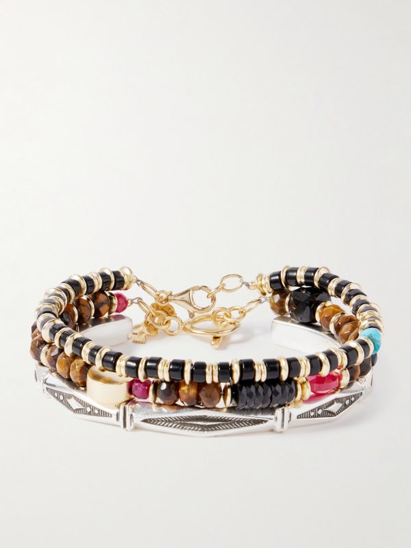 Set of Three 14-Karat Gold-Plated, Sterling Silver and Ruby Beaded Bracelets