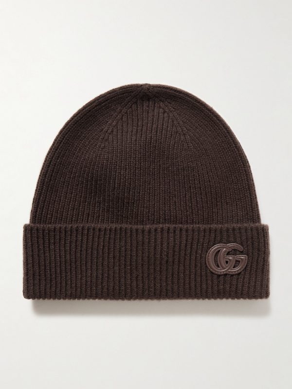 Leather-Trimmed Ribbed Cashmere Beanie