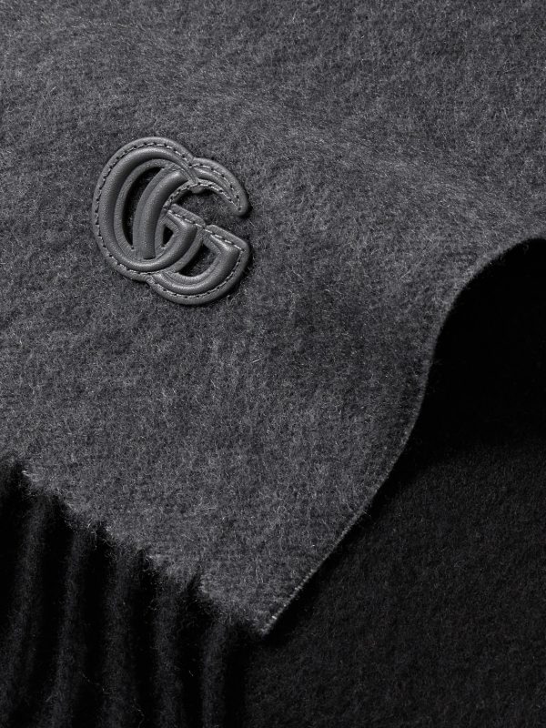 Fringed Logo-Appliquéd Leather-Trimmed Cashmere Scarf - CU Fringed Logo-Appliquéd Leather-Trimmed Cashmere Scarf - CU