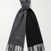 Fringed Logo-Appliquéd Leather-Trimmed Cashmere Scarf Fringed Logo-Appliquéd Leather-Trimmed Cashmere Scarf