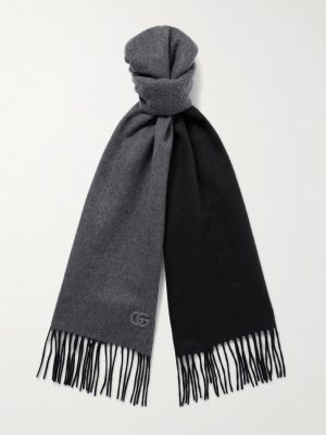 Fringed Logo-Appliquéd Leather-Trimmed Cashmere Scarf Fringed Logo-Appliquéd Leather-Trimmed Cashmere Scarf