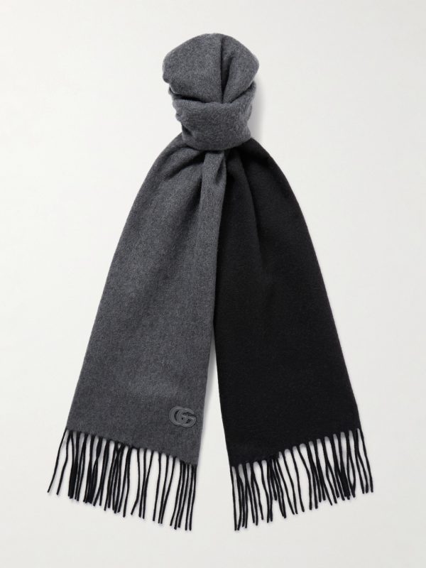 Fringed Logo-Appliquéd Leather-Trimmed Cashmere Scarf Fringed Logo-Appliquéd Leather-Trimmed Cashmere Scarf