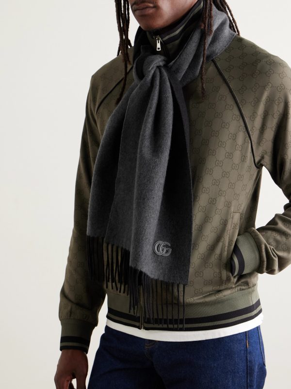Fringed Logo-Appliquéd Leather-Trimmed Cashmere Scarf - OU Fringed Logo-Appliquéd Leather-Trimmed Cashmere Scarf - OU