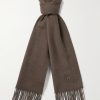 Fringed Logo-Appliquéd Leather-Trimmed Cashmere Scarf Fringed Logo-Appliquéd Leather-Trimmed Cashmere Scarf