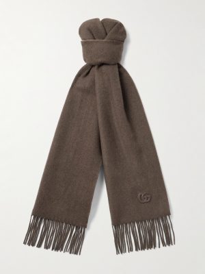 Fringed Logo-Appliquéd Leather-Trimmed Cashmere Scarf Fringed Logo-Appliquéd Leather-Trimmed Cashmere Scarf