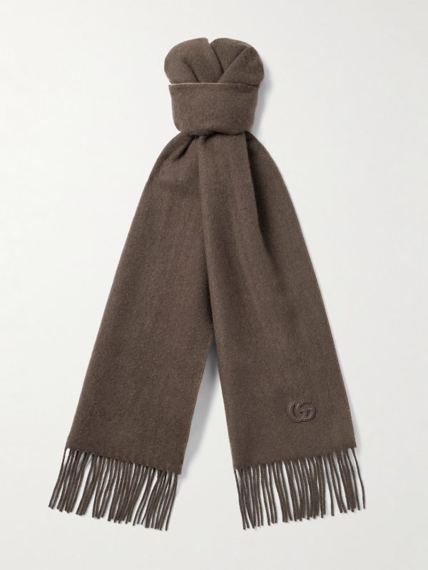 Fringed Logo-Appliquéd Leather-Trimmed Cashmere Scarf Fringed Logo-Appliquéd Leather-Trimmed Cashmere Scarf