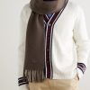 Fringed Logo-Appliquéd Leather-Trimmed Cashmere Scarf - OU Fringed Logo-Appliquéd Leather-Trimmed Cashmere Scarf - OU