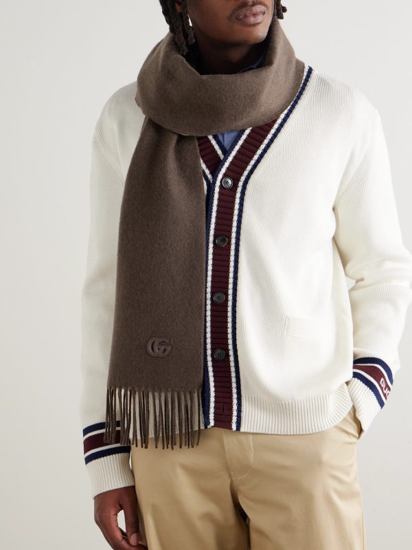Fringed Logo-Appliquéd Leather-Trimmed Cashmere Scarf - OU Fringed Logo-Appliquéd Leather-Trimmed Cashmere Scarf - OU