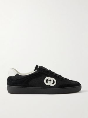 G75 Leather-Trimmed Suede and Monogrammed Canvas Sneakers