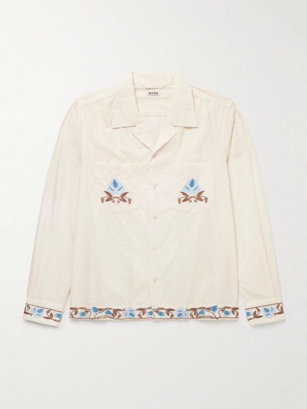 Nouveau Vine Camp-Collar Embroidered Cotton-Poplin Shirt Nouveau Vine Camp-Collar Embroidered Cotton-Poplin Shirt