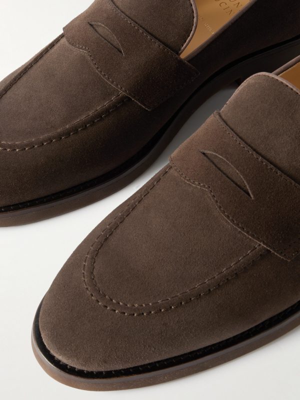Leather-Trimmed Suede Penny Loafers - CU Leather-Trimmed Suede Penny Loafers - CU