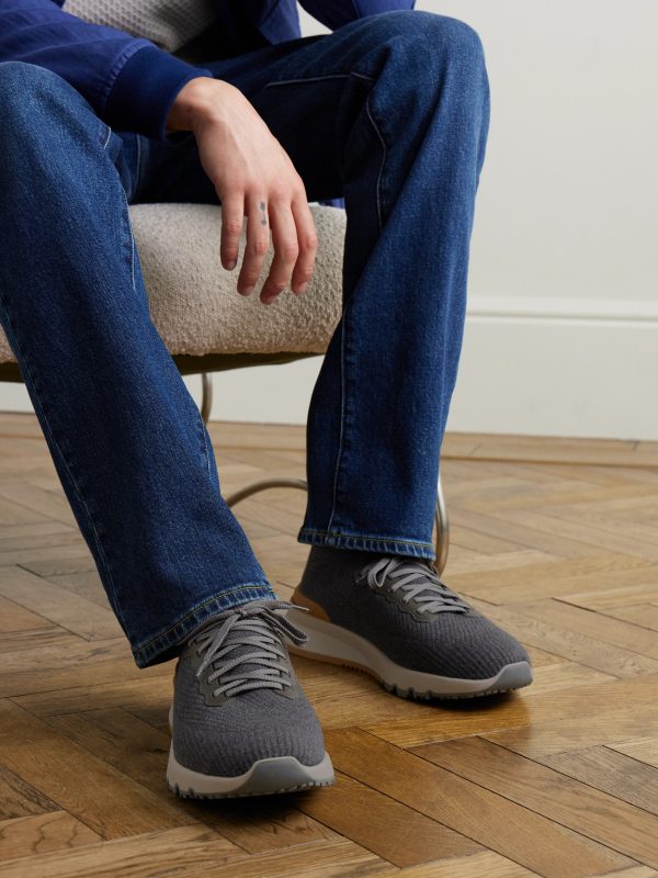 Leather-Trimmed Stretch-Knit Sneakers - OU Leather-Trimmed Stretch-Knit Sneakers - OU